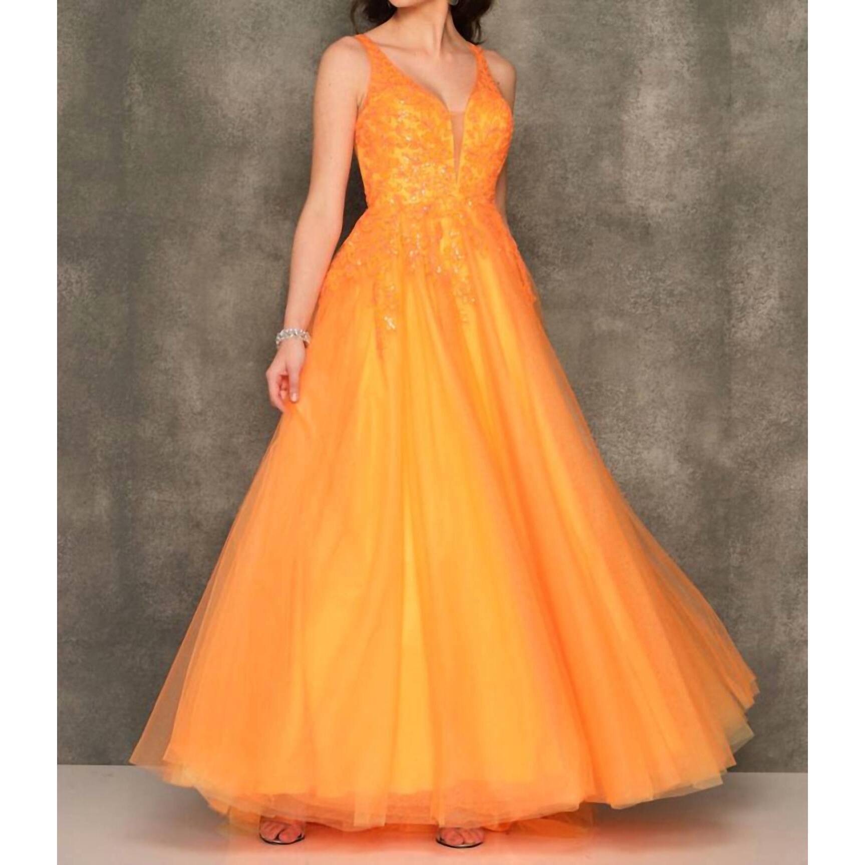 New Dave & Johnny Plunging Neckline Sequin Prom Dress In Orange